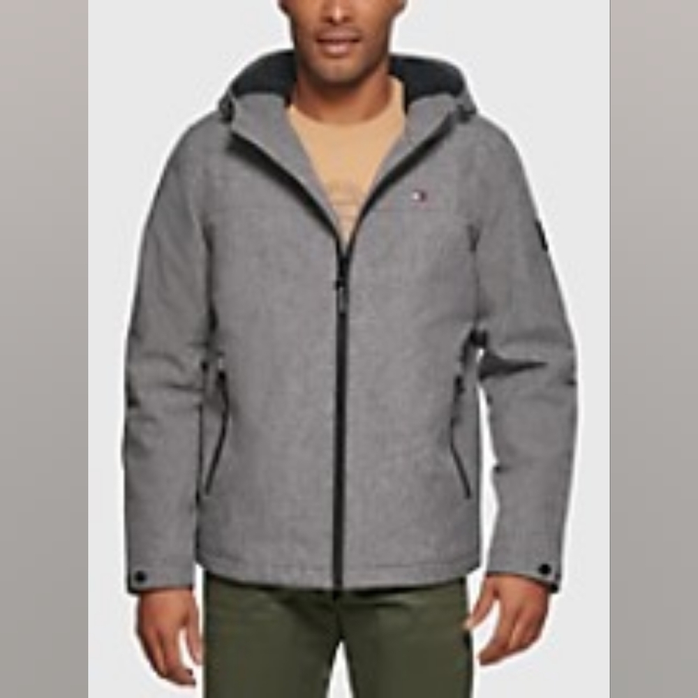 Tommy Hilfiger Mens Jacket Coat with Hood Size Large Color Open Gray